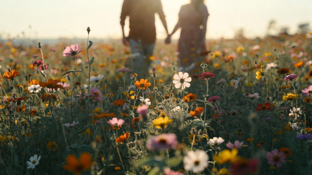 Couple walking through a wildflower meadow at golden hour